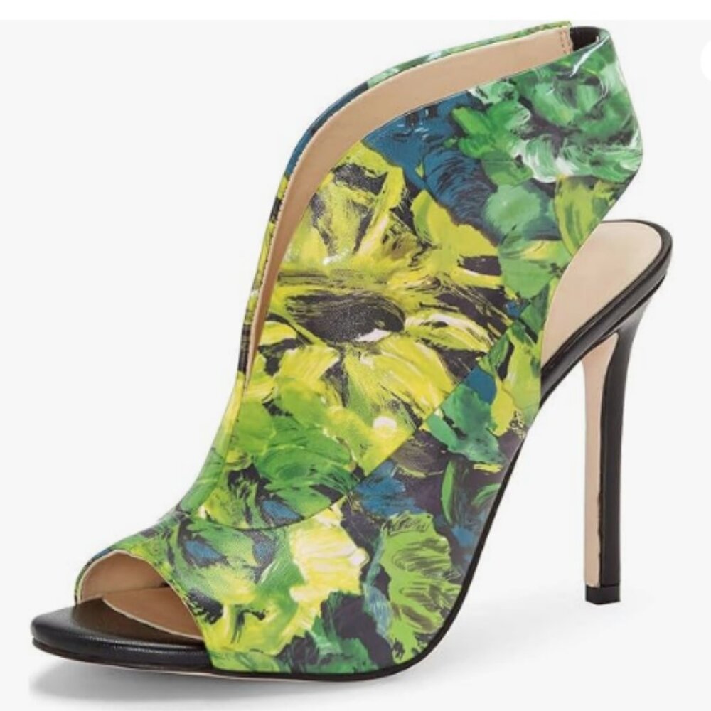 YDN Green Flower Chic Slingback Peep Toe Stiletto High Heel Sandals Ankle Boots